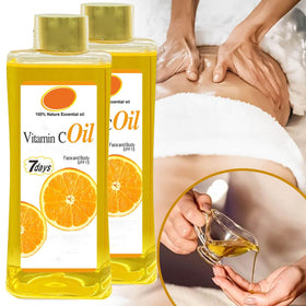 Generic Vitamin C Oil label detail showcases turmeric, papaya, carrot oils blend.