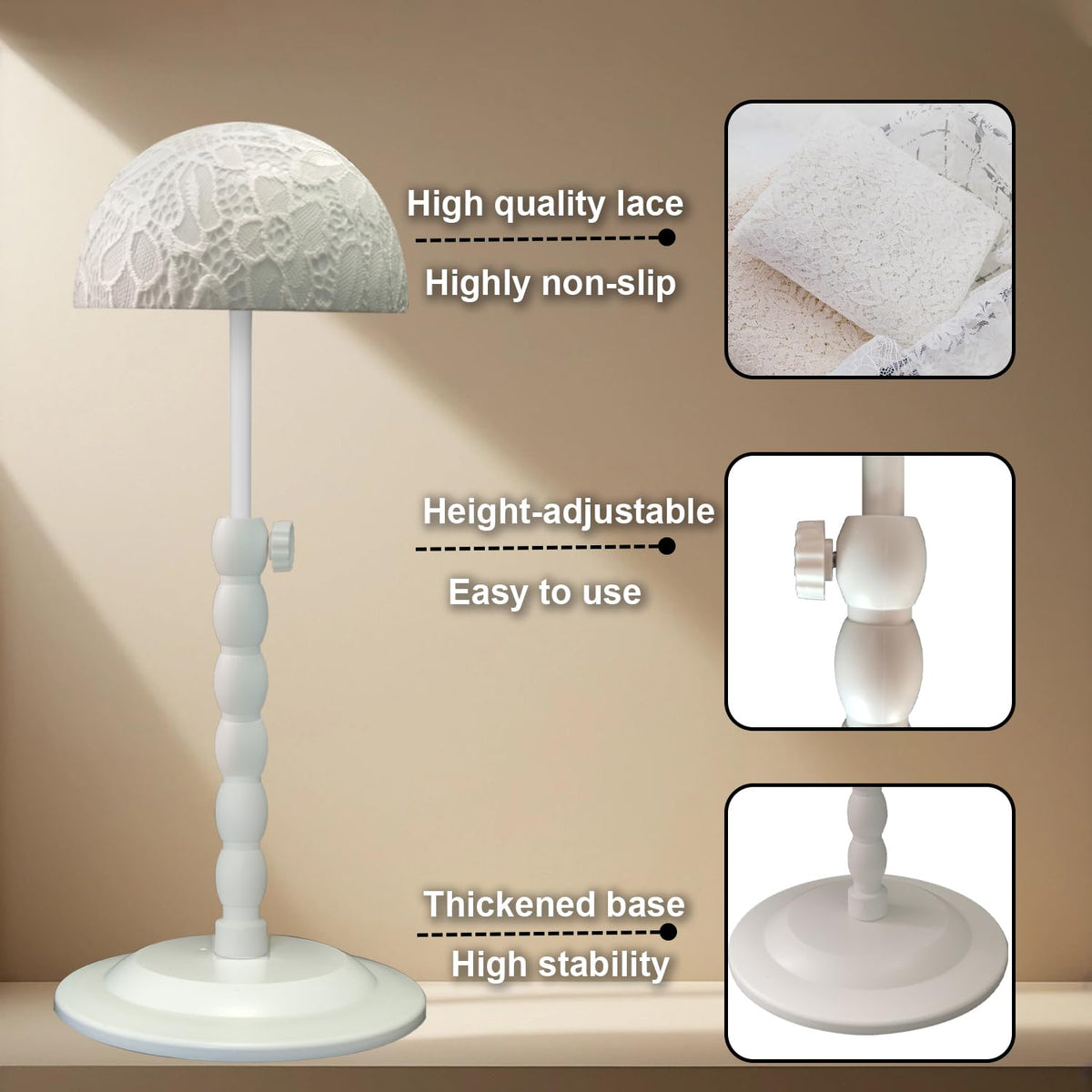 Generic wig stand close-up of the thickened base to prevent tipping.