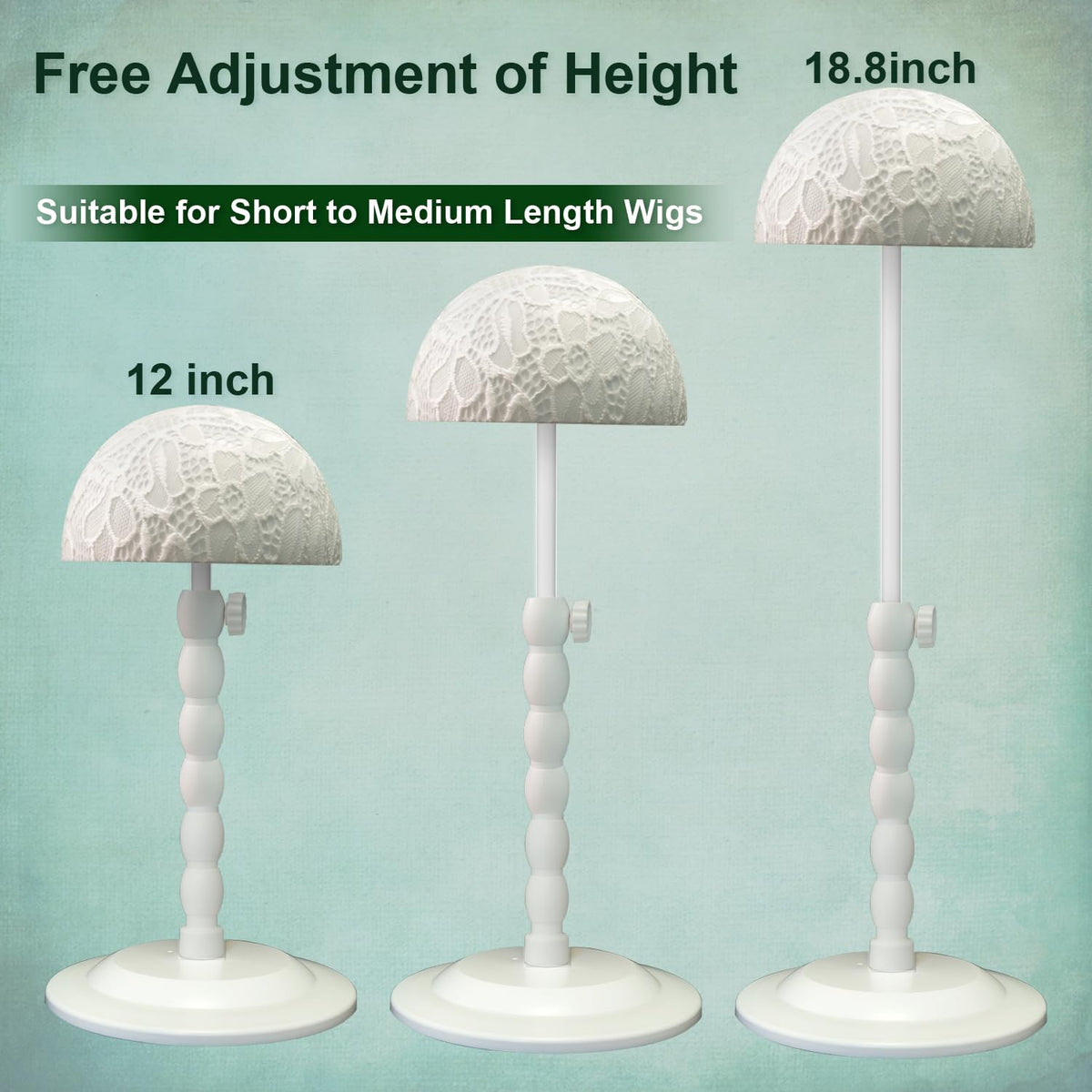 Generic white wig stand highlighting wide non-slip base for stability.