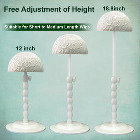 Generic white wig stand highlighting wide non-slip base for stability.