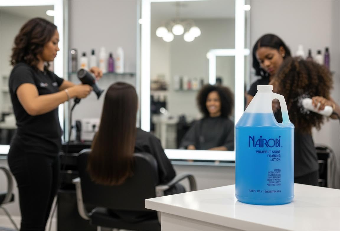Generic Wrapp-It Shine Foaming Lotion in a hair wrap setup illustrating lightweight control.