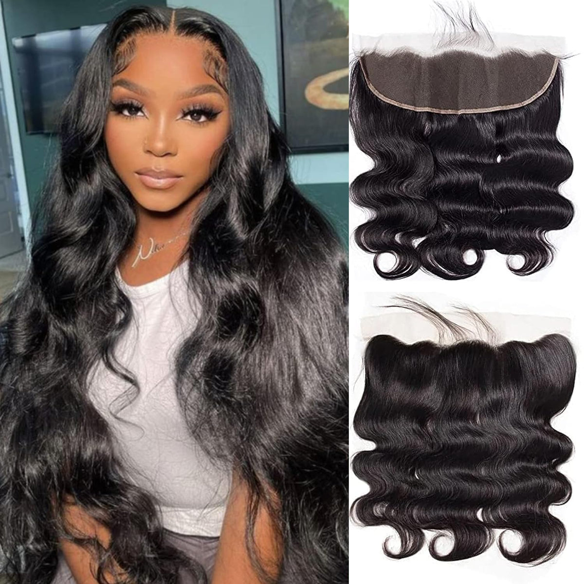 Generous 13x4 lace frontal closure front view, natural scalp look.