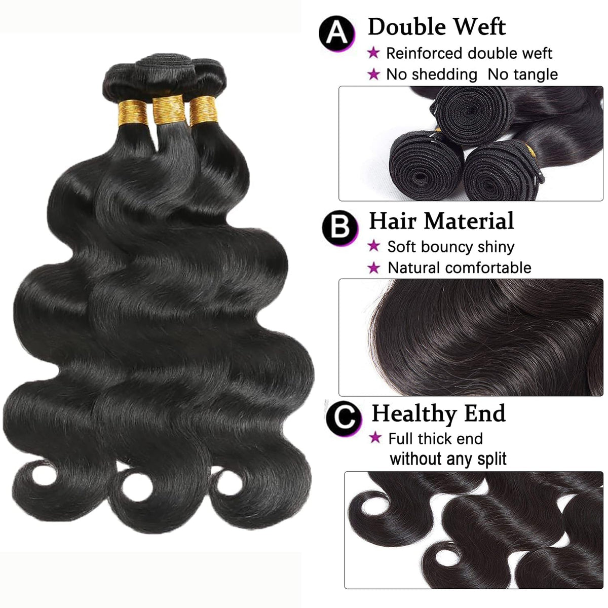 Generous body-wave bundles 20-inch deliver silky, full ends for easy daily styling.