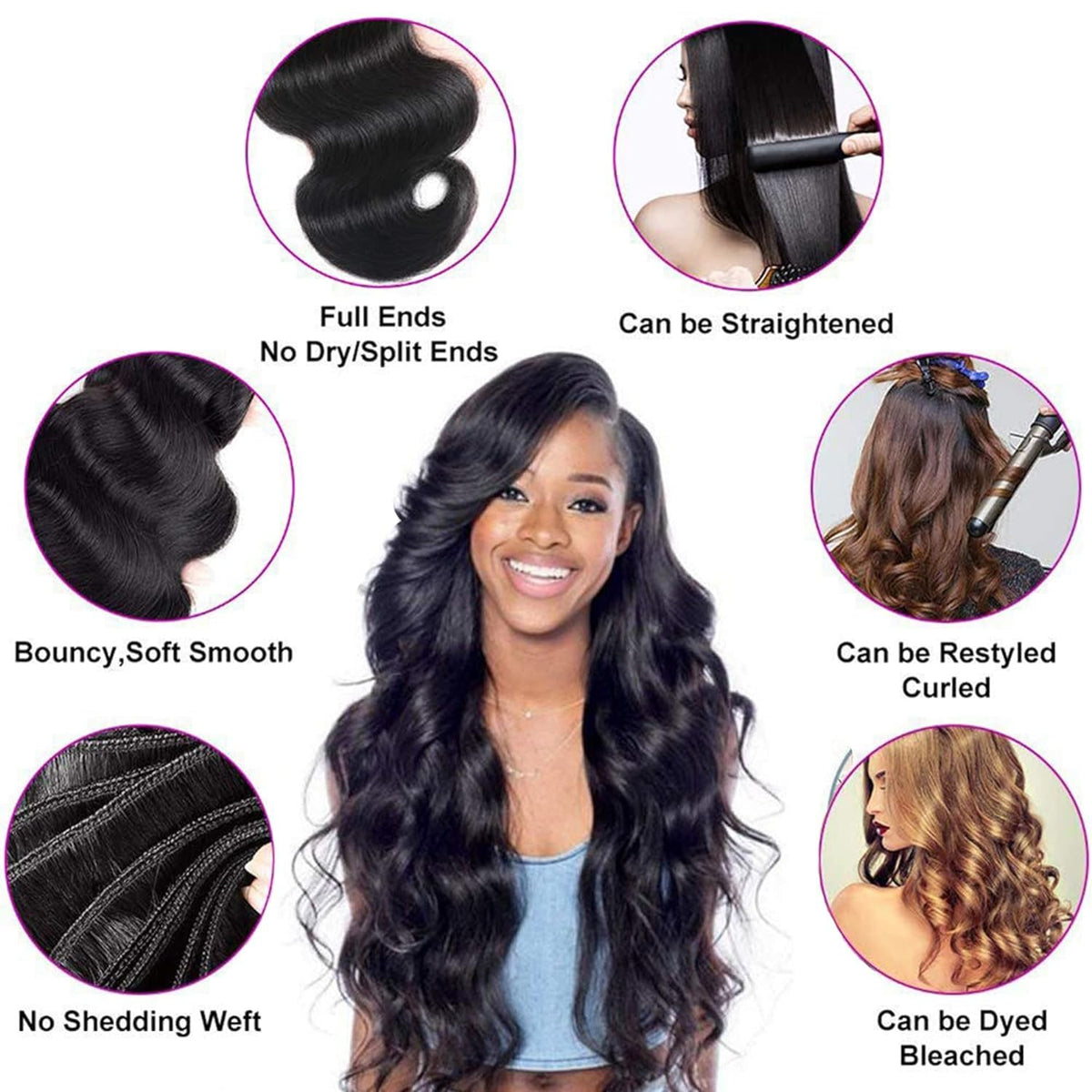 Generous Brazilian virgin hair weft demonstrates durable construction with a double weave.