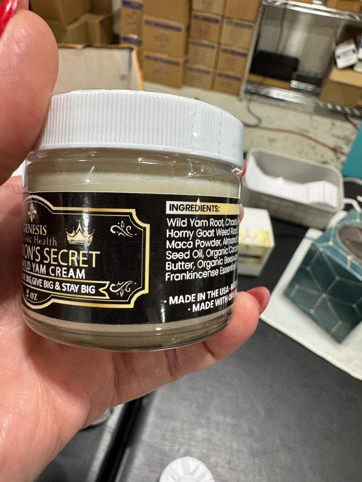 Genesis Solomon’s Secret cream applied to chest for hydration.