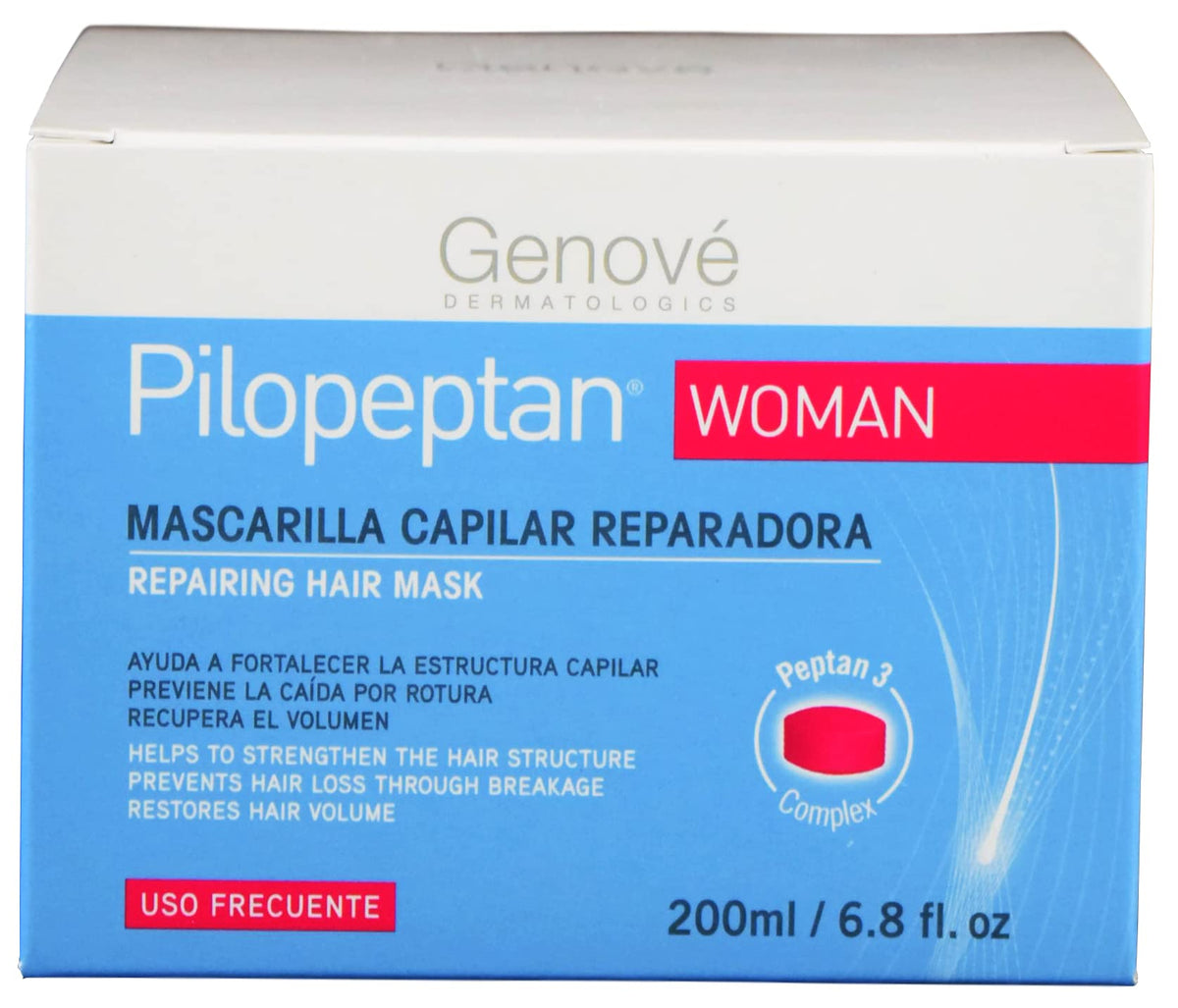 Genové Pilopeptan Woman regenerative hair mask application on hair strands suggests easy weekly care.