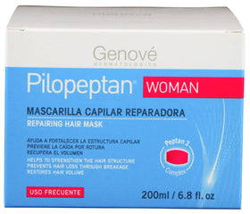 Genové Pilopeptan Woman regenerative hair mask application on hair strands suggests easy weekly care.