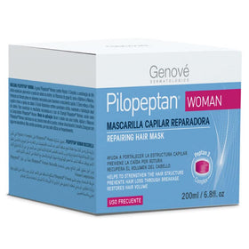 Genové Pilopeptan Woman regenerative hair mask jar cap closeup conveys premium treatment for damaged hair.