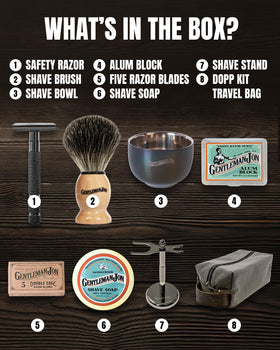 Gentleman Jon shaving stand and razor, organized display.