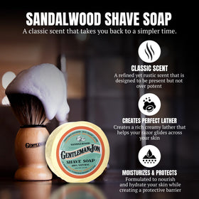 Gentleman Jon sandalwood shave soap creates thick lather for softening hair.