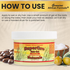 Genuine African Formula SuperGro Gel uses natural ingredients for nourishing styling.