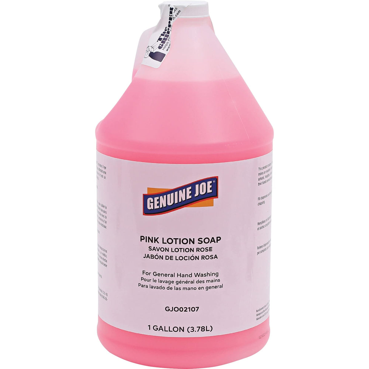 Genuine Joe pink lotion soap refill bottle for easy refills and steady handwashing.