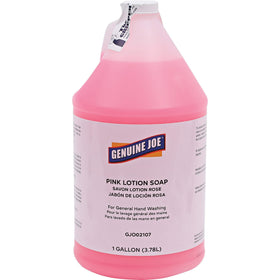 Genuine Joe pink lotion soap refill bottle for easy refills and steady handwashing.