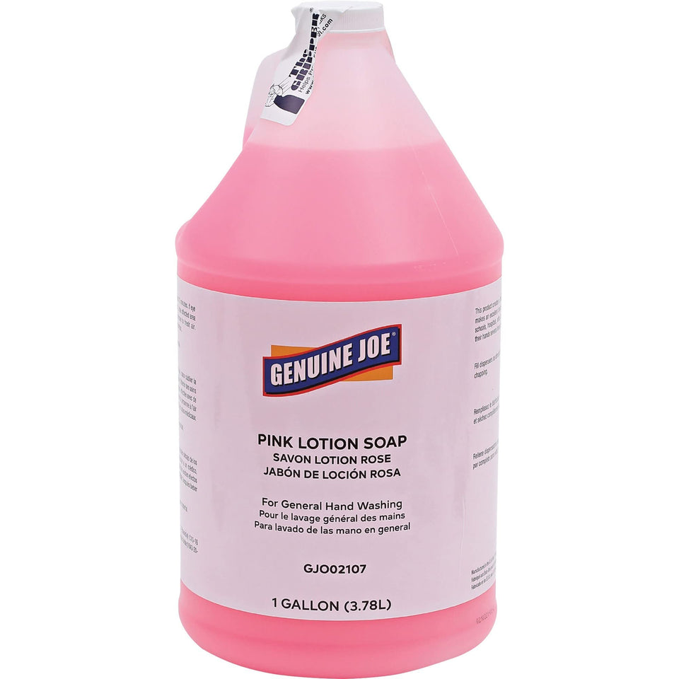 Genuine Joe pink lotion soap refill bottle for easy refills and steady handwashing.