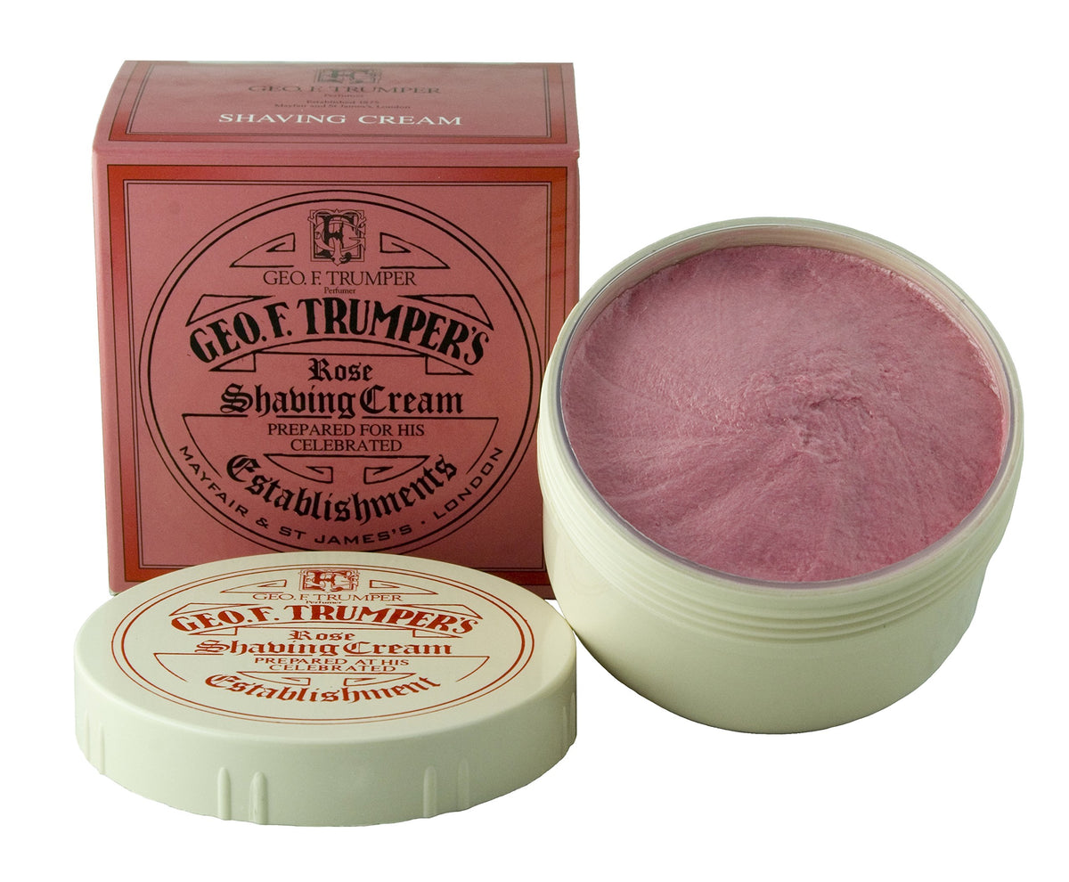 Geo F. Trumper Rose shaving cream jar delivers rich lather and a timeless rose scent.