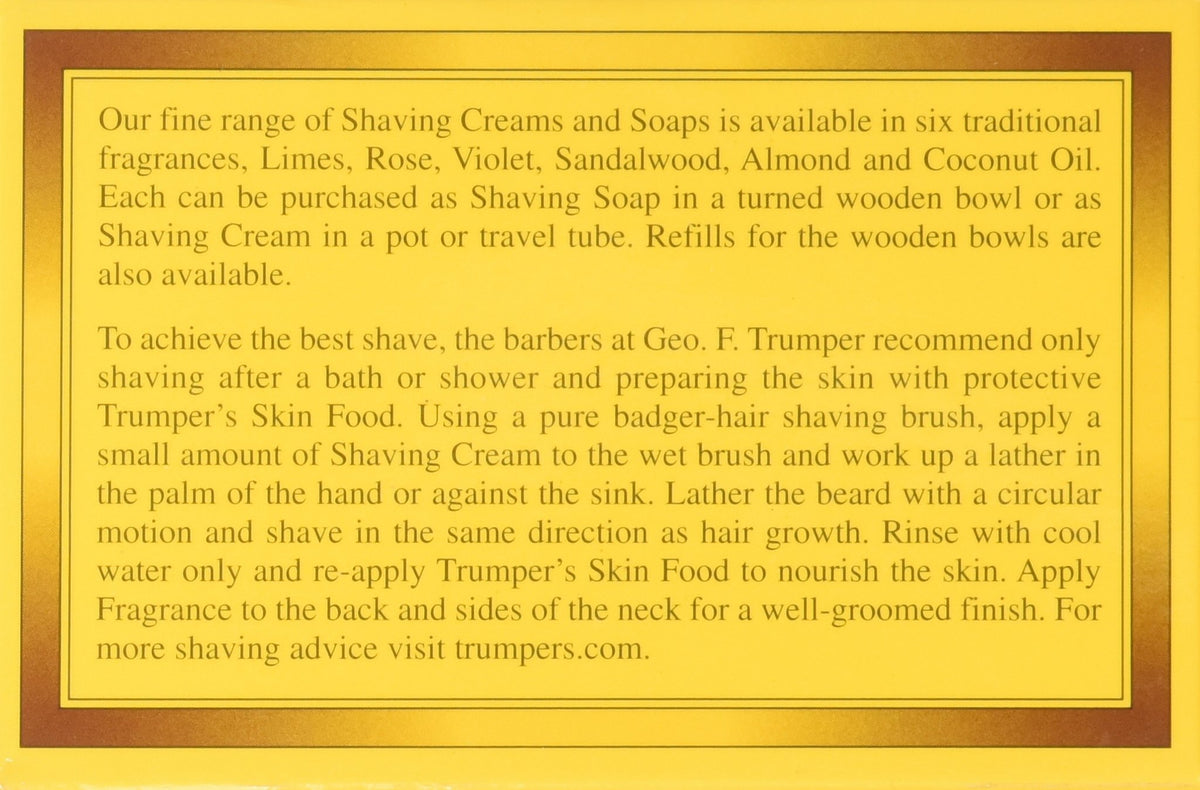 Geo F. Trumper Sandalwood cream lather highlights rich, cushioned foam for a smooth shave.
