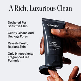 Geologie Daily Face Wash fragrance-free label signals gentle care for sensitive skin.