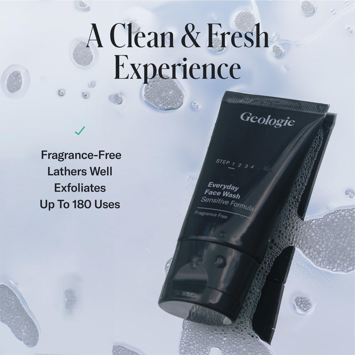 Geologie Daily Face Wash skin close up shows clean, calm complexion.