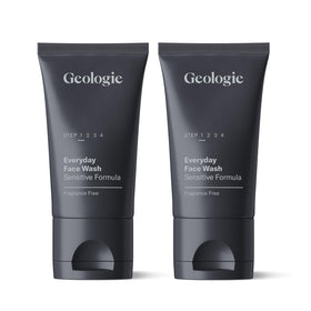 Geologie Daily Face Wash tube front highlighting fragrance-free formula for sensitive skin.