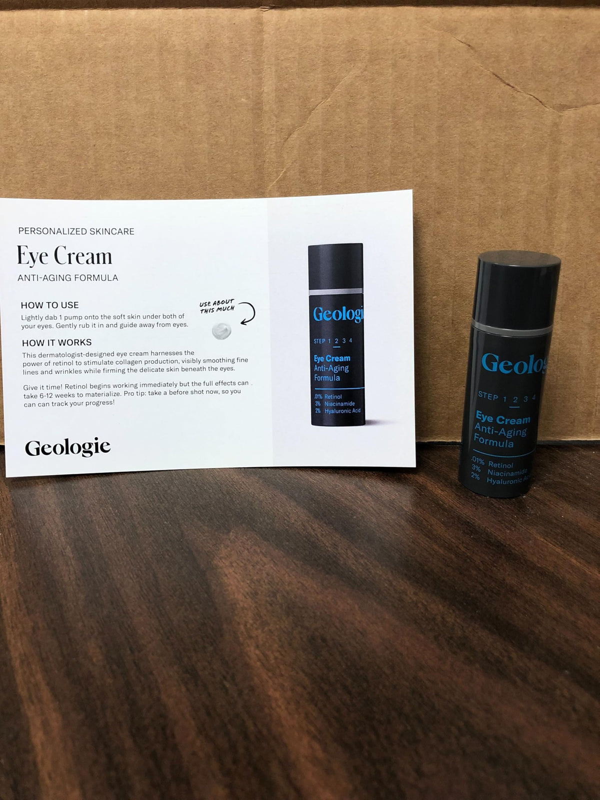 Geologie Anti-Aging Eye Cream ingredients highlight Hyaluronic Acid for moisture.