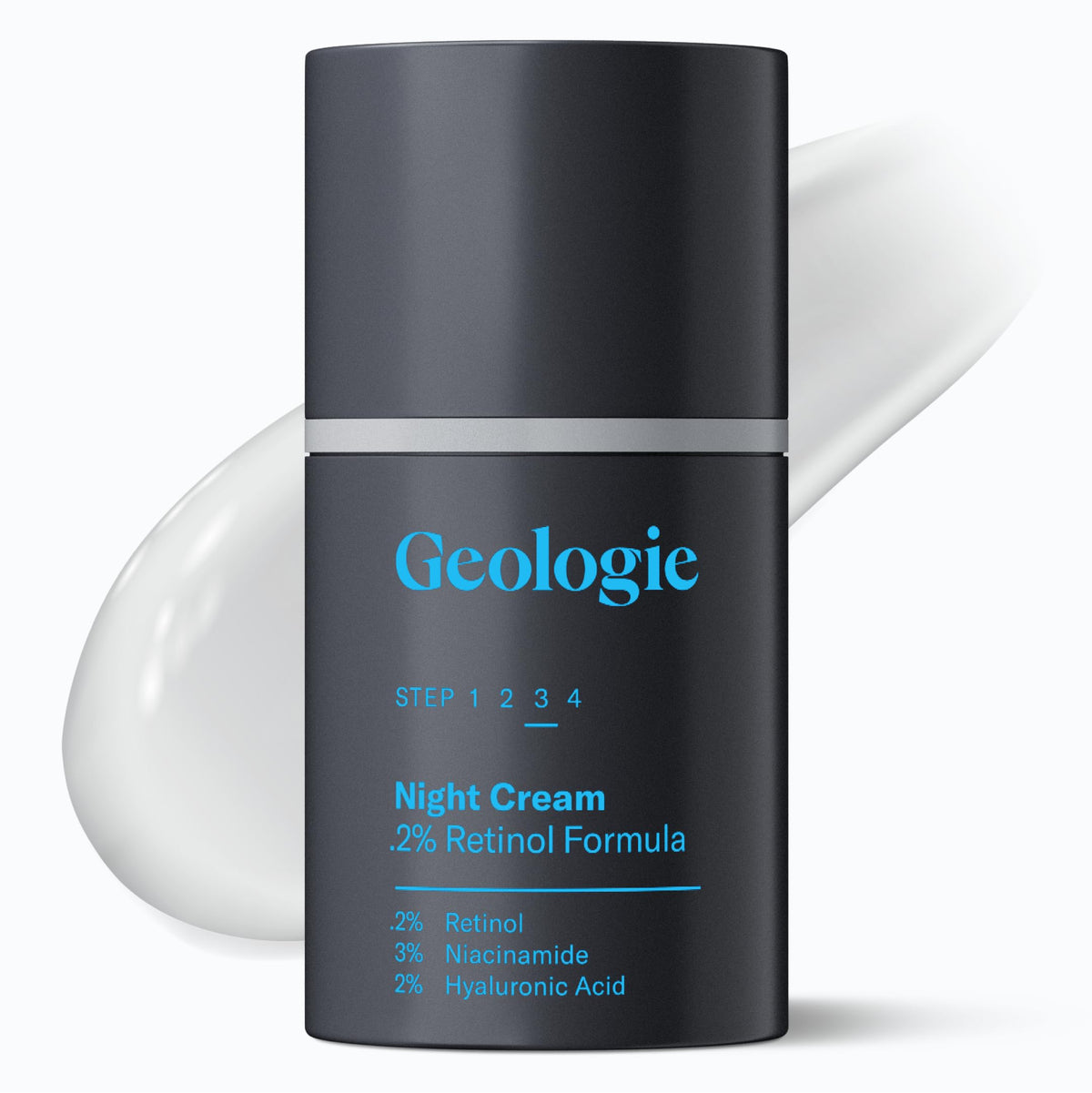 Geologie Retinol Night Cream bottle shows smooth skin benefits and refined texture.