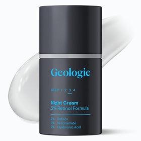 Geologie Retinol Night Cream bottle shows smooth skin benefits and refined texture.