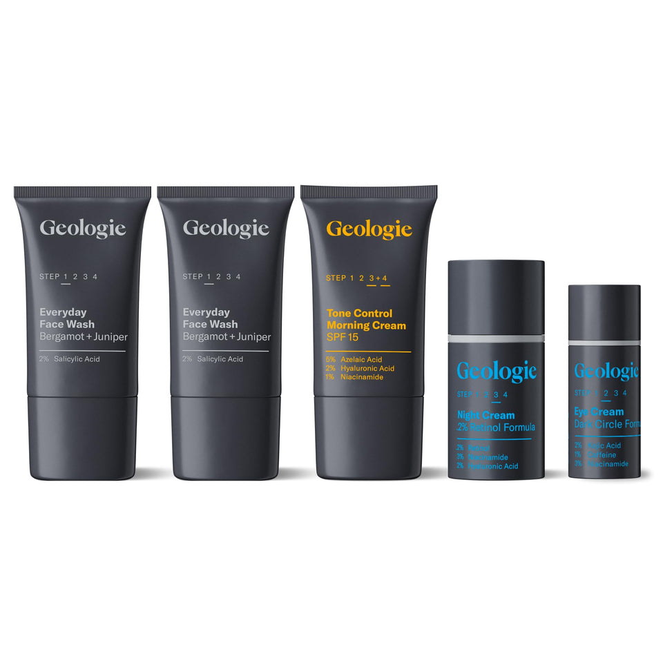 Geologie salicylic-acid face wash bottle focus shows oil balance and pore cleaning.
