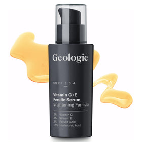 Geologie Vitamin C+E Ferulic Serum bottle shows brightening and antioxidant protection.
