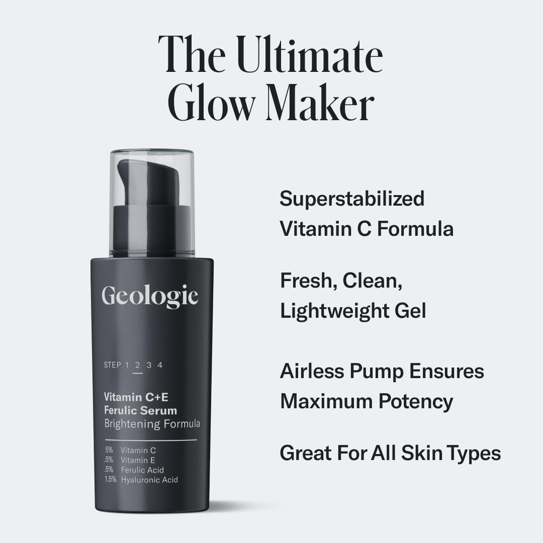 Geologie Vitamin C+E Ferulic Serum pump dispensing for precise, mess-free application.