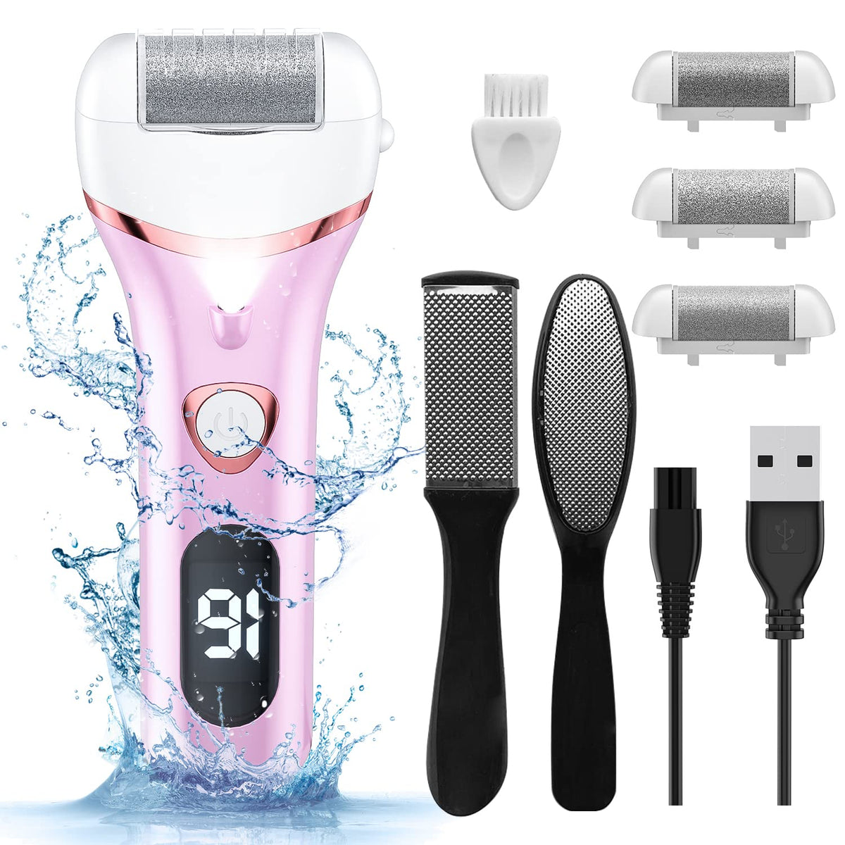 Geopu electric foot callus remover with three roller heads for versatile pedicure care.