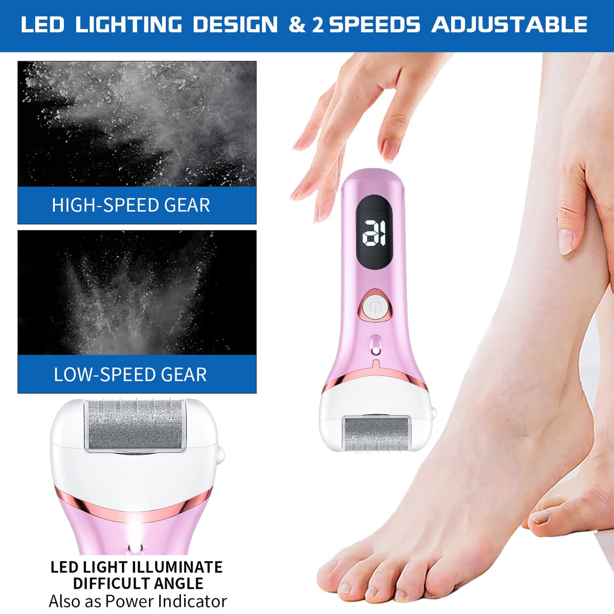 Geopu foot file shows LCD display and working light for precise at-home pedicure.