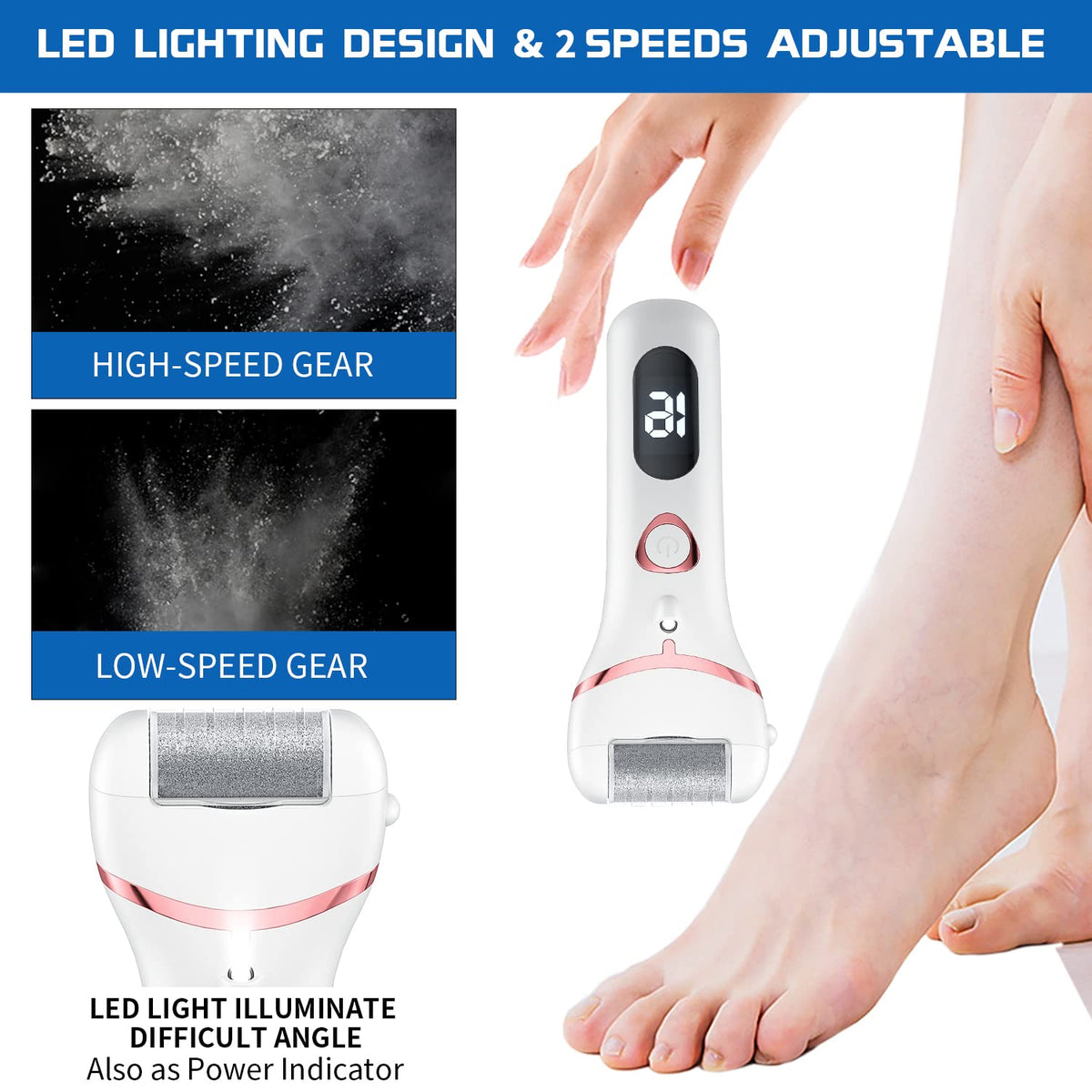 Geopu electric foot file with three roller heads for versatile at-home pedicures.
