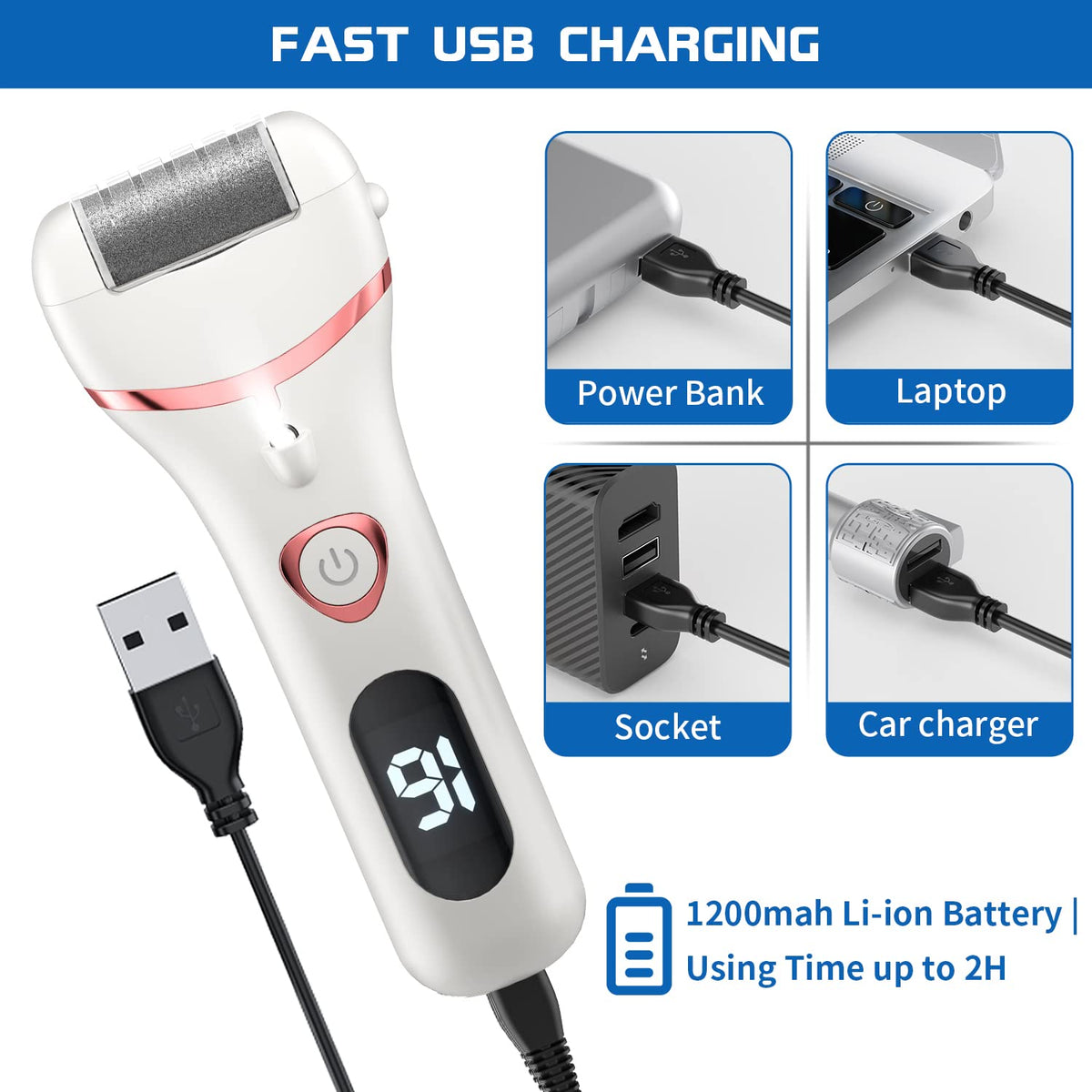 Geopu LCD display with charging cable enables easy battery monitoring.