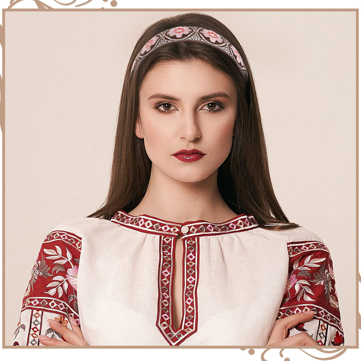 Geosar boho embroidery headband gold wide strap, evening pairing
