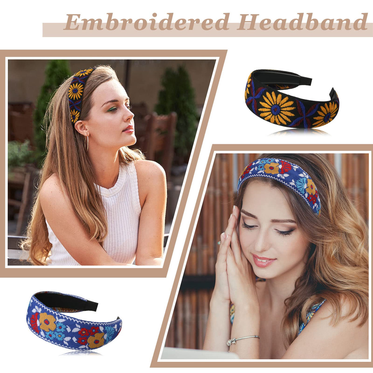 Geosar boho embroidery headband soft fabric closeup, comfortable wear