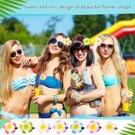 Geosar foam flower clip complements Hawaiian outfits for weddings and luaus.