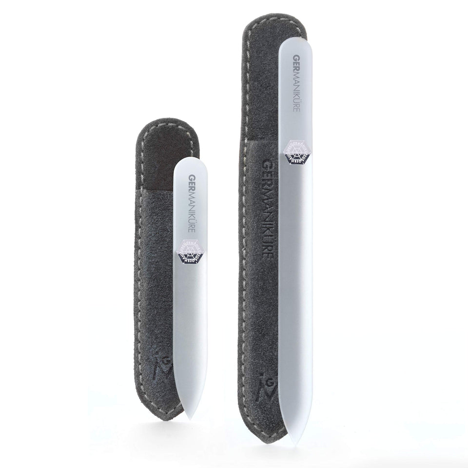 GERMANIKURE 2pc gray glass nail file set close-up with etched surface for smooth filing.
