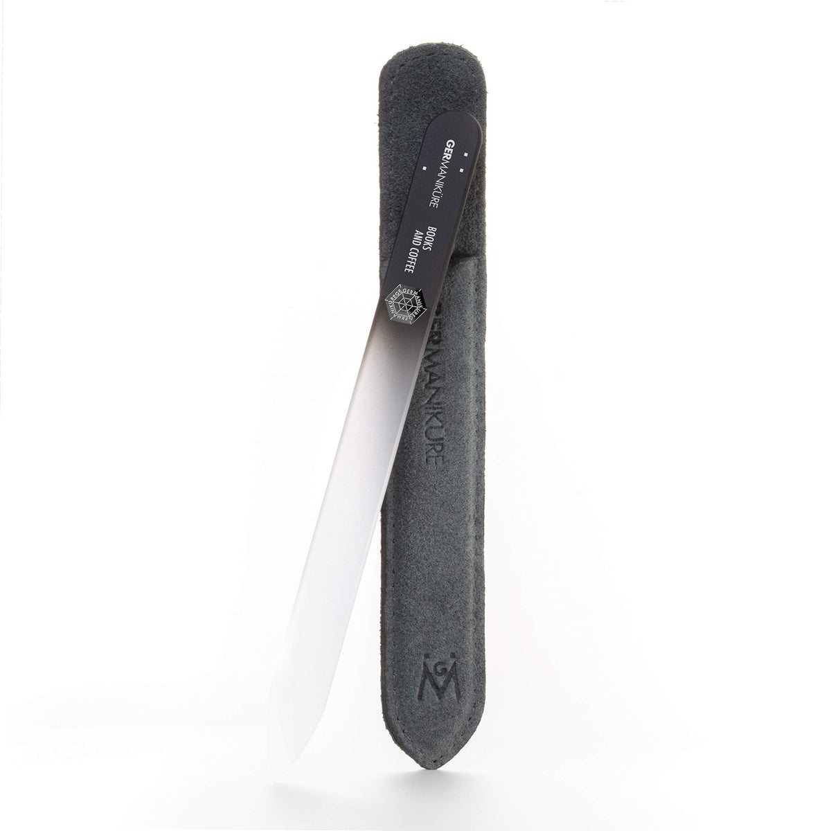 GERMANIKURE glass nail file in Books and Coffee sleeve for natural nails