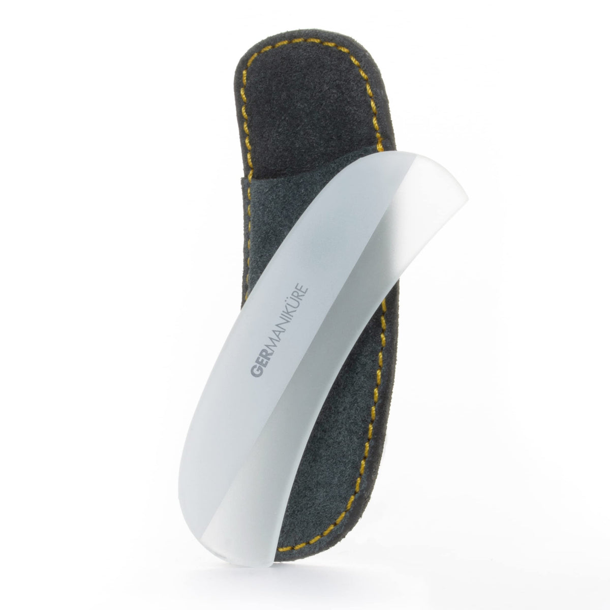 GERMANIKURE gray glass moonfile in suede case for precise nail shaping on the go.