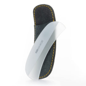 GERMANIKURE gray glass moonfile in suede case for precise nail shaping on the go.