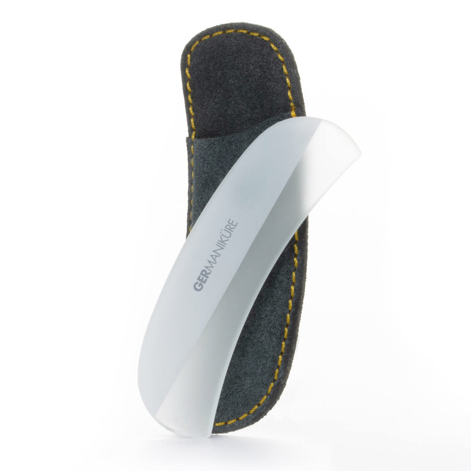 GERMANIKURE gray glass moonfile in suede case for precise nail shaping on the go.
