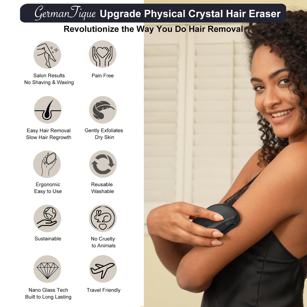 Germantique Crystal Hair Eraser in hand showing circular motion for removal.