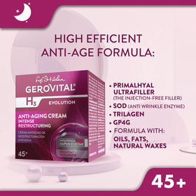 Close look at Gerovital H3 Evolution label with ingredients and benefits