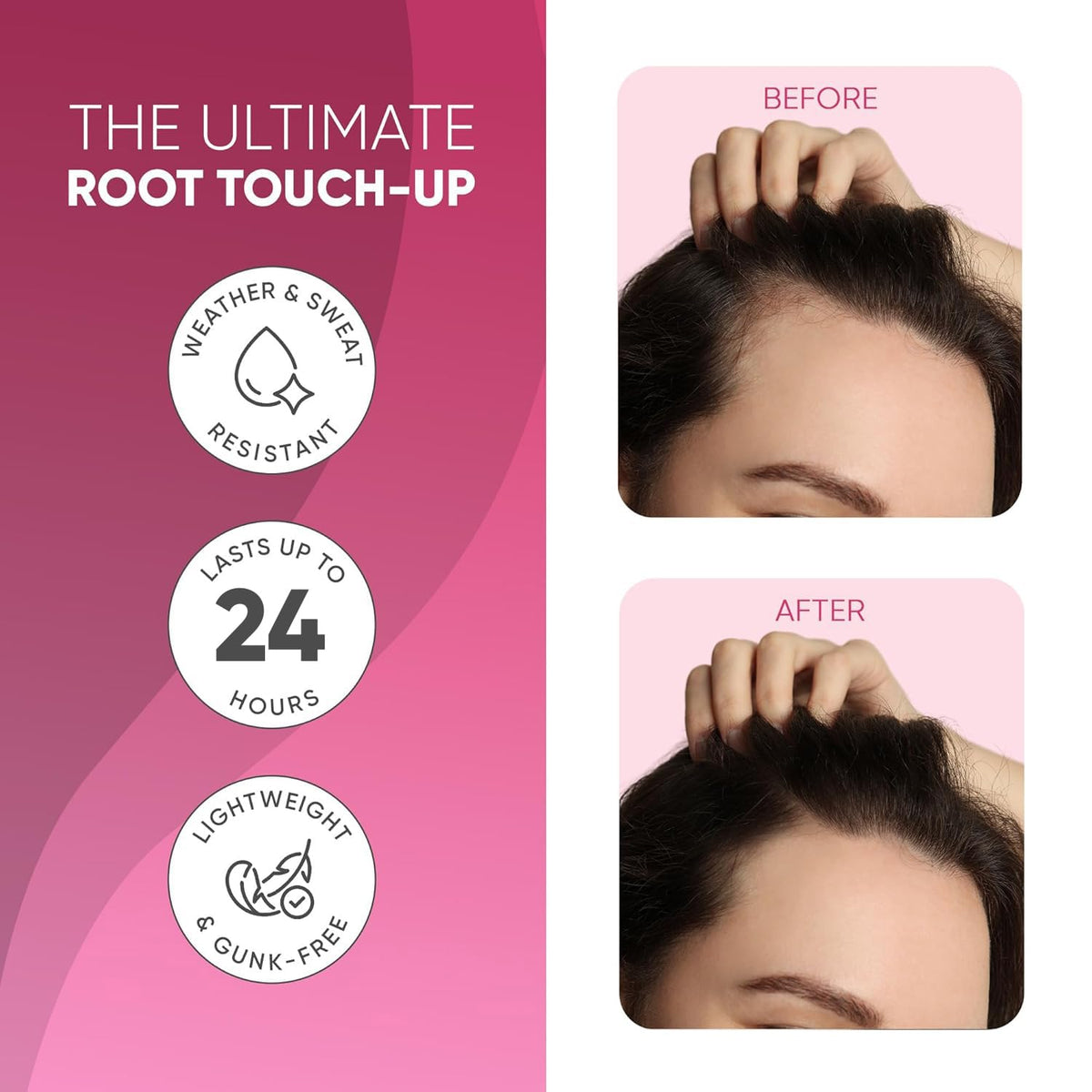 Get Back Gorgeous Hairline Powder shade-swatches highlight color-matched roots for natural-looking coverage.