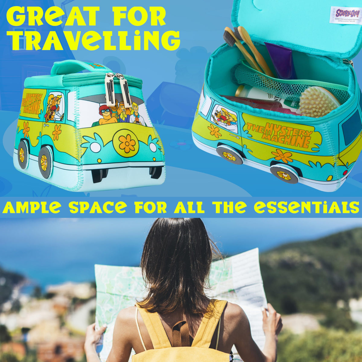 Get Trend Scooby Doo toiletry bag zipped closure keeps items secure.