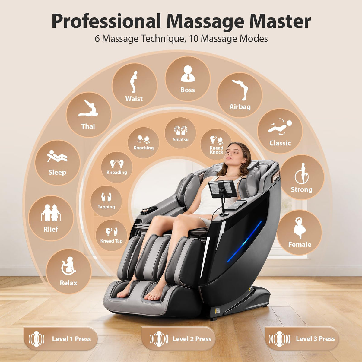 Gethope chair features 32 airbags for targeted shoulder, arm, and calf massage.