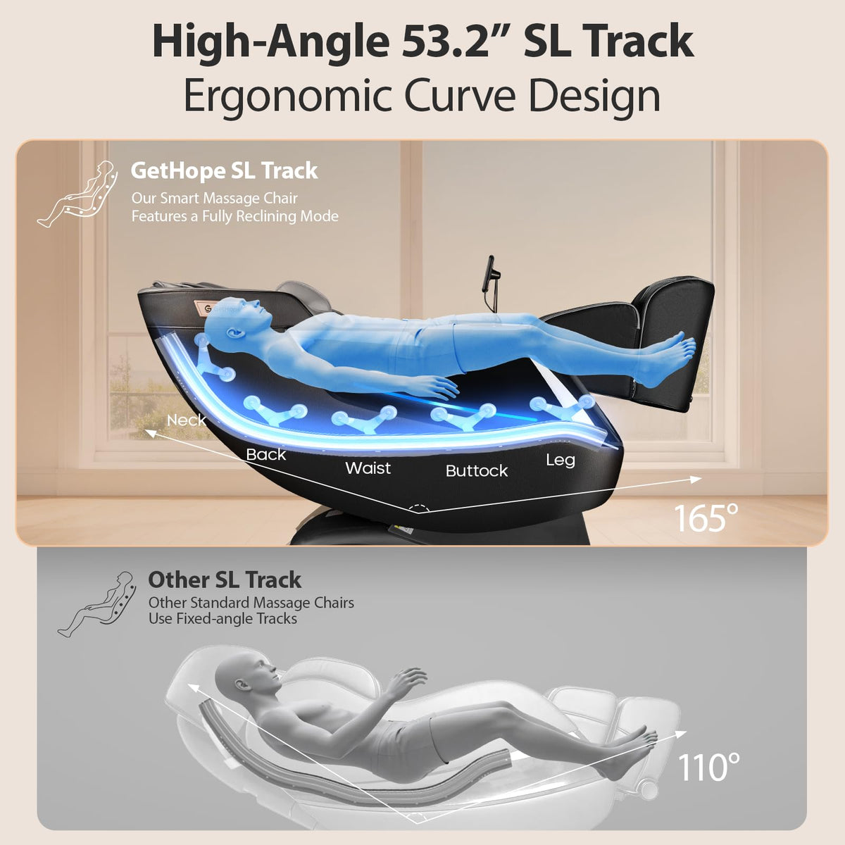Gethope 53.2-inch SL-track provides full-spine coverage from neck to thighs.