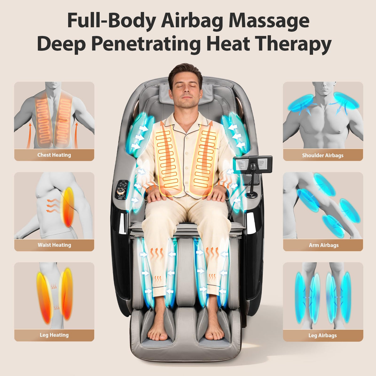 Gethope zero gravity recline elevates legs above heart level for spinal relief.