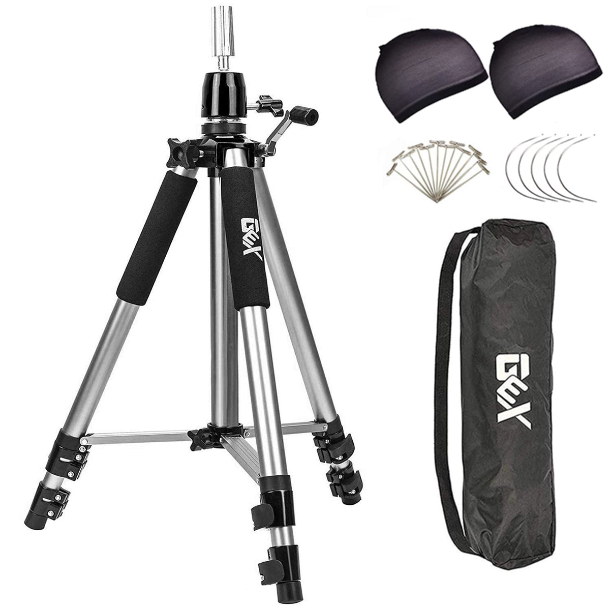 GEXWORLDWIDE 63-inch mannequin tripod stand provides sturdy wig block support.