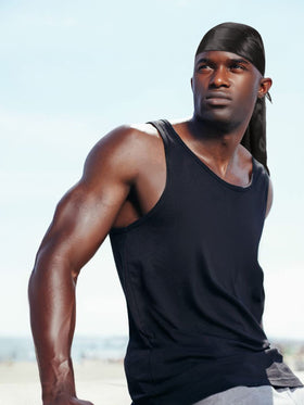 Geyoga satin durag worn at night as sleep cap for comfort.